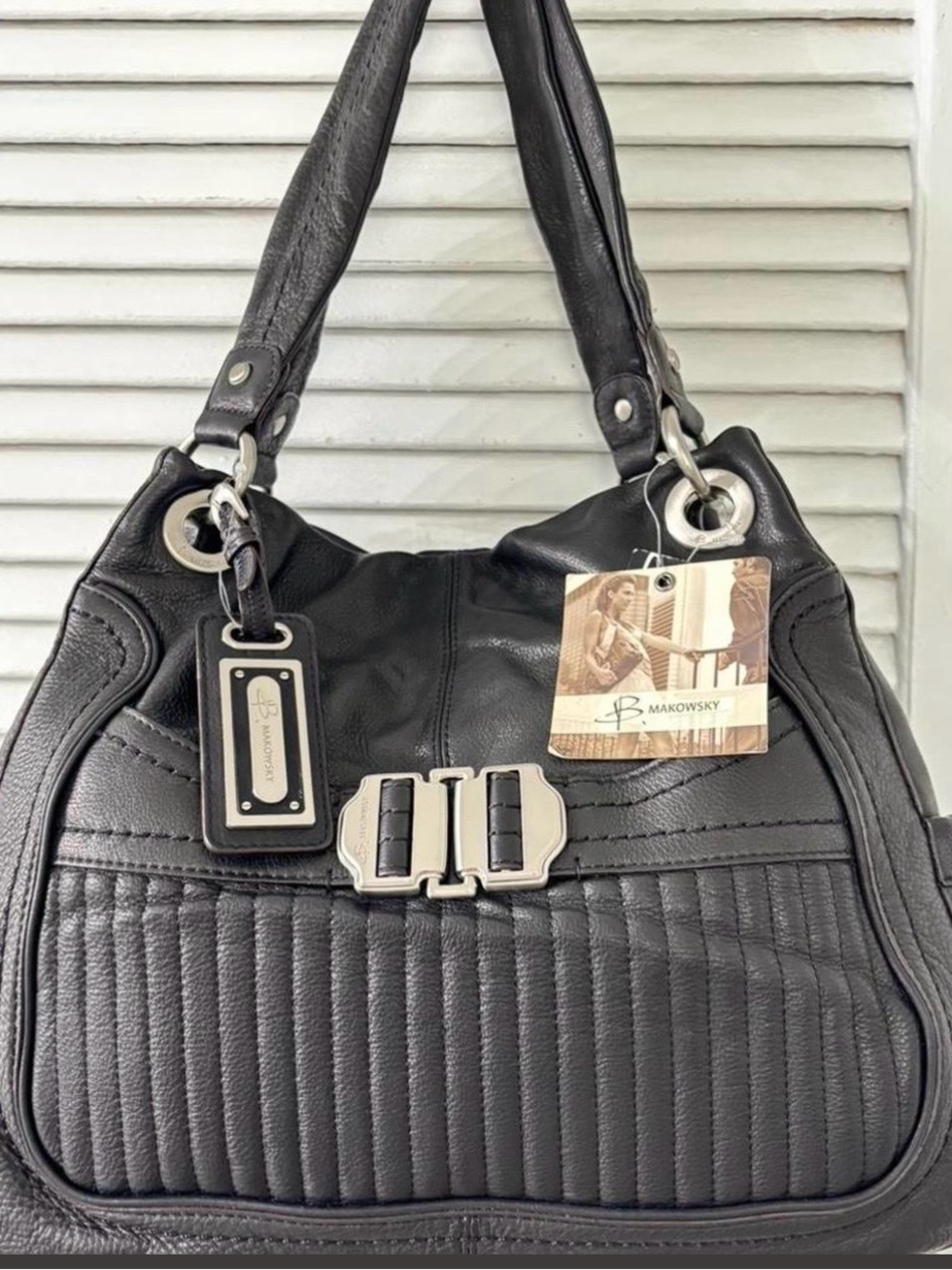 b. makowsky Black Quilted Leather Shoulder Bag with Silver Hardware